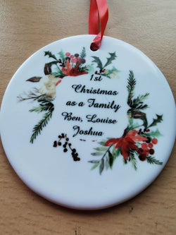 Ceramic Round Decoration Ornament - first christmas as family - whitworthprints