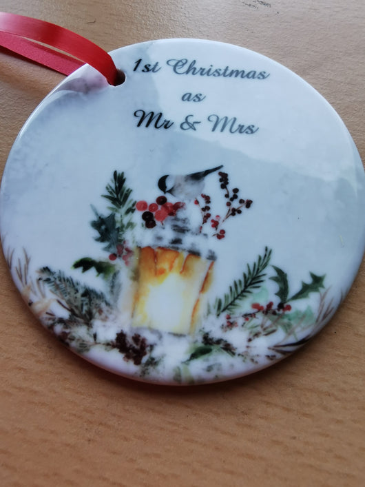 Ceramic Round Decoration Ornament - 1st_christmas_mr_and_mrs - whitworthprints