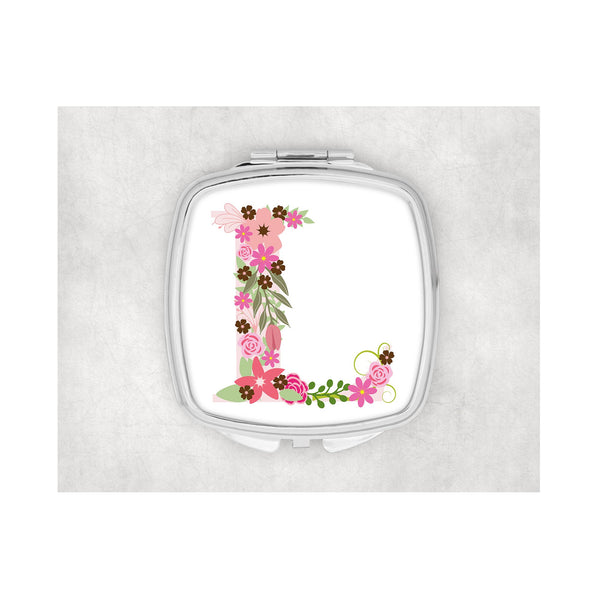 Pink Flower Inital Square compact mirror. - whitworthprints